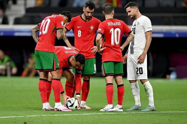 Football Euro 2024 Round of 16 01 07 2024 Portugal Slovenia Joao Cancelo, Cristiano Ronaldo, Bruno Fernandes, Bernardo Silva f left, Portugal v Petar Stojanovic right, Slovenia
