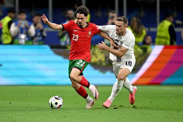Football Euro 2024 Round of 16 01 07 2024 Portugal Slovenia Vitinha left, Portugal v Timi Elsnik right, Slovenia