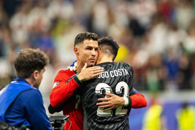 Portugal v Slovenia, UEFA EURO, EM, Europameisterschaft,Fussball 2024, Frankfurt, Germany Frankfurt, Germany. 01st, July 2024. Cristiano Ronaldo (7) of Portugal seen in celebration with goalkeeper Diogo Costa (22) after winning the penalty shoot out in the UEFA Euro 2024 round of 16 match between Portugal and the Slovenia at Deutsche Bank Park in Frankfurt. Frankfurt Germany  Copyright: xGonzalesxPhoto FrederikkexJensenx