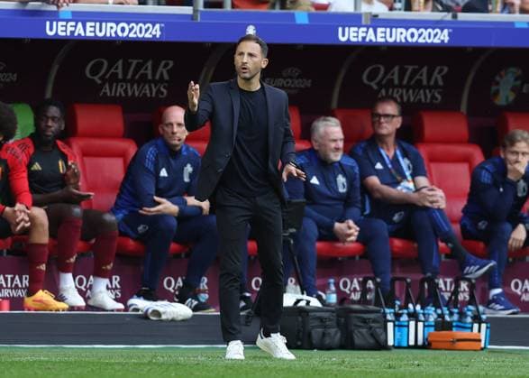 Dusseldorf, Germany, 1st July 2024. Domenico Tedesco coach of Belgium during the UEFA European Championships Round of 16 match at Dusseldorf Arena, Dusseldorf. Picture credit should read: Paul Terry Sportimage EDITORIAL USE ONLY. No use with unauthorised audio, video, data, fixture lists, club league logos or live services. Online in-match use limited to 120 images, no video emulation. No use in betting, games or single club league player publications. SPI-3216-0184