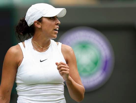 (240702) -- LONDON, July 2, 2024 -- Madison Keys celebrates during the women s singles first round match between Madison Keys of the United States and Martina Trevisan of Italy at Wimbledon tennis Championship in London, Britain, on July 1, 2024. ) (SP)BRITAIN-LONDON-TENNIS-WIMBLEDON HanxYan 