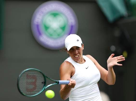 (240702) -- LONDON, July 2, 2024 -- Madison Keys hits a return during the women s singles first round match between Madison Keys of the United States and Martina Trevisan of Italy at Wimbledon tennis Championship in London, Britain, on July 1, 2024. ) (SP)BRITAIN-LONDON-TENNIS-WIMBLEDON HanxYan 