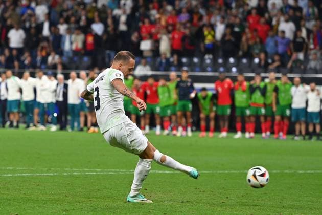 Jure BALKOVEC SVN misses a penalty, penalty kick, action, shot, penalty shootout round of 16 Portugal POR Slovenia SVN 3 0 i E on 01 07 2024, Frankfurt Arena Football UEFA EURO 2024 GERMANY from 14 06 2024 14 07 2024