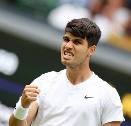 (240702) -- LONDON, July 2, 2024 -- Carlos Alcaraz celebrates after winning the men s singles first round match between Carlos Alcaraz of Spain and Mark Lajal of Estonia at Wimbledon tennis Championship in London, Britain, on July 1, 2024. ) (SP)BRITAIN-LONDON-TENNIS-WIMBLEDON LixYing 