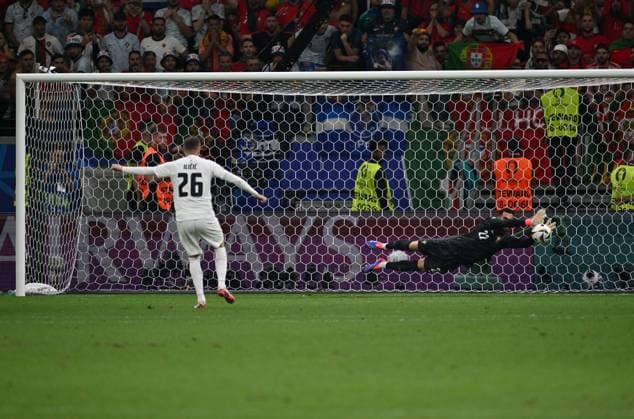 (240702) -- FRANKFURT, July 2, 2024 -- Portugal s goalkeeper Diogo da Costa (R) saves the penalty kick by Josip Ilicic of Slovenia in the penalty shootout during the UEFA EURO, EM, Europameisterschaft,Fussball 2024 Round of 16 match between Portugal and Slovenia in Frankfurt, Germany on July 1, 2024. ) (SP)GERMANY-FRANKFURT-FOOTBALL-EURO 2024-PORTUGAL VS SLOVENIA RenxPengfei 
