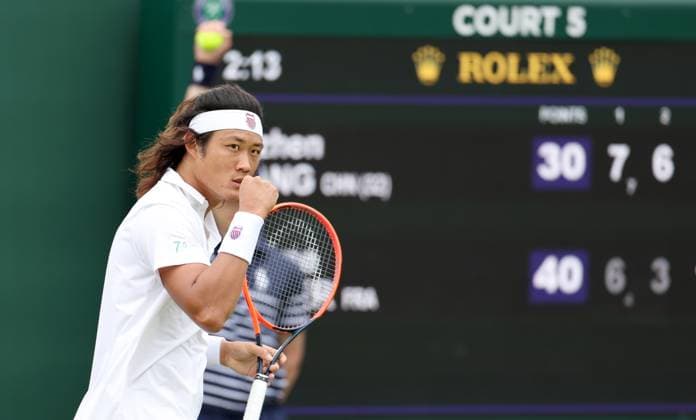 (240702) -- LONDON, July 2, 2024 -- Zhang Zhizhen celebrates during the men s singles first round match between Zhang Zhizhen of China and Maxime Janvier of France at Wimbledon tennis Championship in London, Britain, on July 1, 2024. ) (SP)BRITAIN-LONDON-TENNIS-WIMBLEDON LixYing 