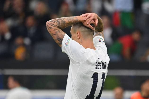 Benjamin SESKO SVN , disappointment,frustration,disappointed,frustrated,dejected,action,single image,cropped single motif,half figure,half figure round of 16 Portugal POR Slovenia SVN 3 0 i E on 01 07 2024, Frankfurt Arena Football UEFA EURO 2024 GERMANY from 14 06 2024 14 07 2024