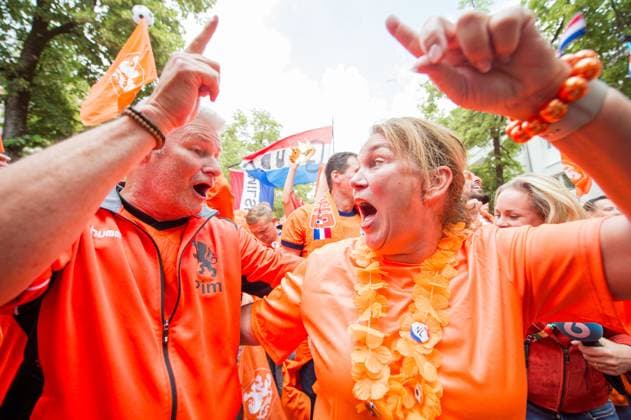 02 07 2024 Football, European Championship 2024 in Germany, fans in Munich Romania Netherlands Dutch fans before the match during the fan march near the Olympic Park In the picture they dance the song Left Right by Snollebollekes