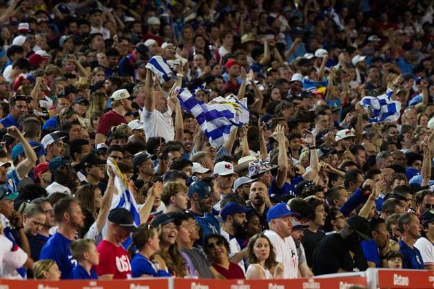 July 1, 2024, Kansas City, Missouri, USA: Team USA and Team Uruguay compete in the CONMEBOL Men s Division Group Match at Copa America held at Arrowhead Stadium in Kansas City, KS, on July 1, 2024. Team Uruguay fans cheer, waving Uruguay flags, when a goal is scored during the second half of the game. Kansas City USA - ZUMAh139 20240701_zap_h139_022 Copyright: xSerenaxS.Y.xHsux