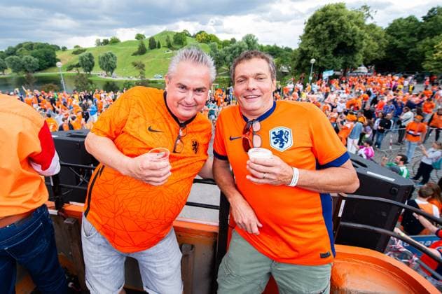 02 07 2024 Football, European Championship 2024 in Germany, fans in Munich Romania Netherlands Dutch fans on the fan bus before the game during the fan march near the Olympic Park