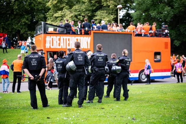 02 07 2024 Football, European Championship 2024 in Germany, fans in Munich Romania Netherlands Dutch fans before the game during the fan march by bus near the Olympic Park