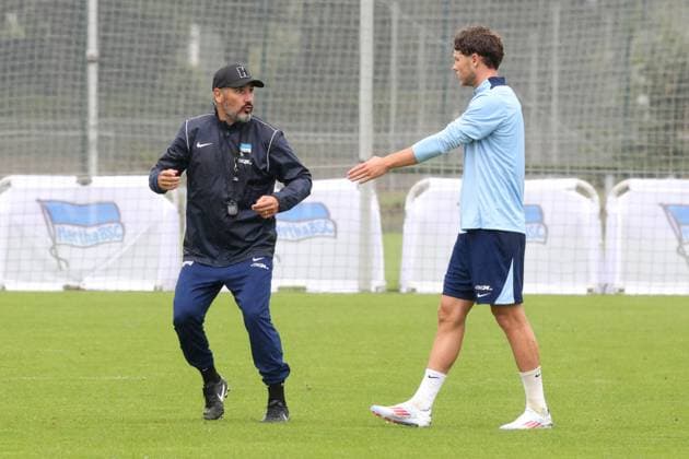 DEU, DFL, 2 FBL Hertha BSC, Training, 02 07 2024, Sportforum, Berlin, DEU, DFL, 2 FBL Hertha BSC, Training, im Bild Cheftrainer Cristian Fiel Hertha BSC Berlin , Linus Gechter Hertha BSC Berlin 44 DFL regulations prohibit any use of Photographs as image sequences and or quasi video Foto Juergen Engler nordphoto GmbH nordphotoxGmbHx xEngler nph00076