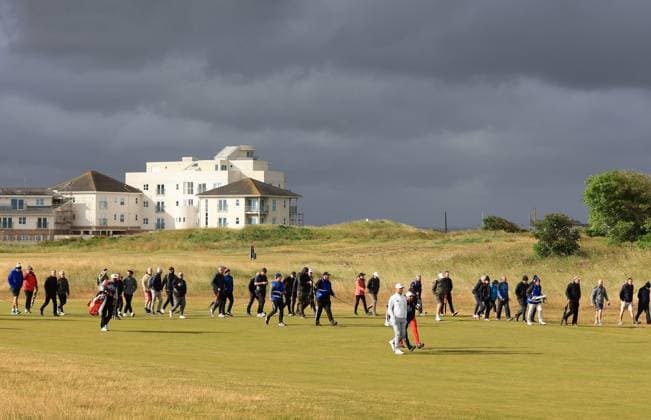 2nd July 2024; West Lancashire Golf Club, Blundellsands, Liverpool, England; Final Qualifying for The Open Golf Championship: fans follow Sam Bairstow (ENG) and Sergio Garcia (ESP) on the opening hole  ActionPlus12662638 DavidxBlunsden