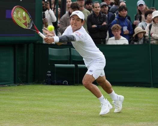 Lawn Tennis - 2024 Wimbledon Championship - Yoshihito Nishioka (JPN) v Nunu Borges (POR) - All England Lawn Tennis & Croquet Club - Tuesday 2nd July 2024 Yoshihito Nishioka (JPN) 