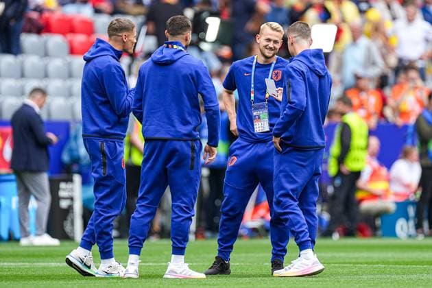 2024-07-02 Romania v Netherlands - Round of 16 - UEFA EURO, EM, Europameisterschaft,Fussball 2024 MUNICH, GERMANY - JULY 2: Matthijs de Ligt of The Netherlands laughing during the Round of 16 - UEFA EURO 2024 match between Romania and Netherlands at Munich Football Arena on July 2, 2024 in Munich, Germany. (Photo by Joris Verwijst BSR Agency) Munich Germany Content not available for redistribution in The Netherlands directly or indirectly through any third parties. Copyright: xBSRxAgencyx