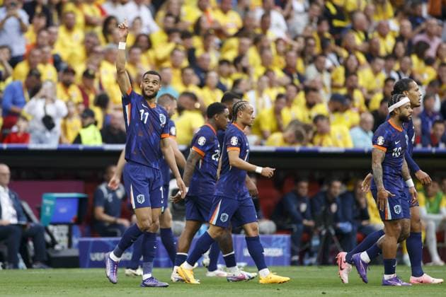 MUNCHEN, 02-07-2024, Stadium Allianz Arena, European Football Championship Euro2024, Round of 16 match no.40 between Romania and Netherlands. Netherlands player Cody Gakpo celebrating his goal 0-1 Romania - Netherlands (Euro2024)  x25661064x Copyright: