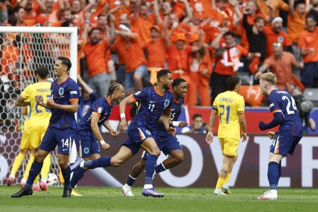 MUNCHEN, 02-07-2024, Stadium Allianz Arena, European Football Championship Euro2024, Round of 16 match no.40 between Romania and Netherlands. Netherlands player Cody Gakpo celebrating his goal 0-1 Romania - Netherlands (Euro2024)  x25661066x Copyright: