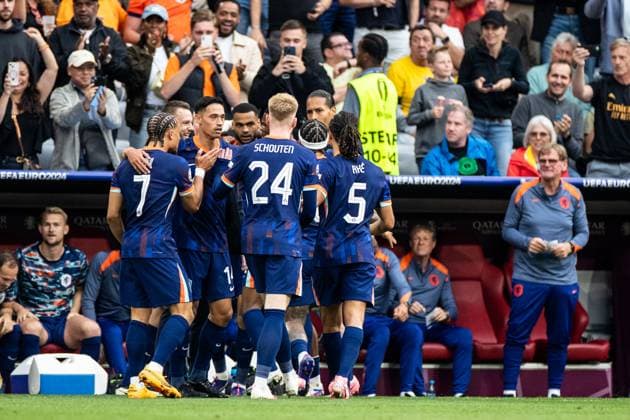 UEFA EURO 2024 Romania Netherlands 02 07 2024 Netherlands celebrating 1-0, by Cody Gakpo Netherlands, 11 UEFA EURO 2024 Romania Netherlands Munich Football Arena, Munich 02 07 2024 Copyright: xBEAUTIFULxSPORTS Buriakovx