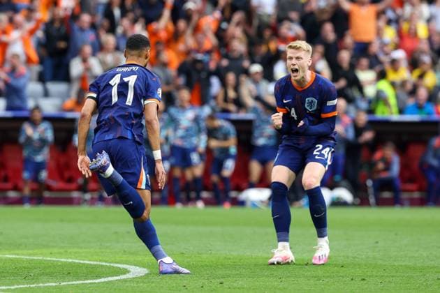 Goal celebration by Cody Gakpo 11 Netherlands , Jerdy Schouten 24 Netherlands to 0 1, Romania vs Netherlands, Football, UEFA Euro 2024, Round of 16, M43, 02 07 2024 Munich Bavaria Germany Copyright: xkolbert-press ChristianxKolbertx