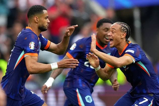 Cody Gakpo of the Netherlands celebrates after scoring 0-1 during the Euro 2024 soccer match between Romania and Netherlands at the Munich Football Arena , Munich , Germany - Tuesday July 2 , 2024. - Soccer .  Copyright: xSpada LaPressex
