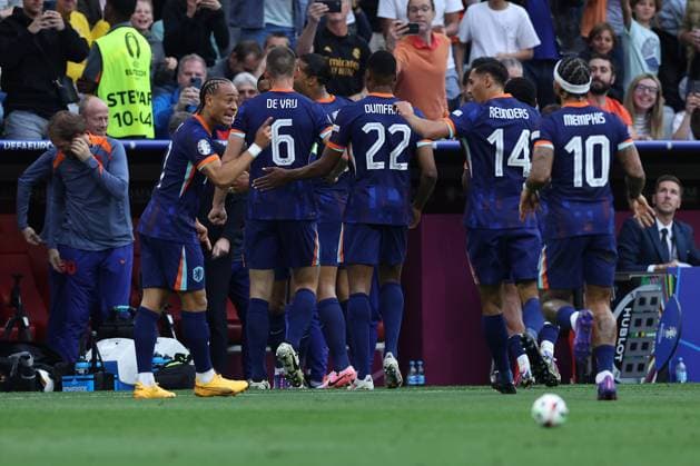 Soccer UEFA EURO 2024 Round of 16 Romania Netherlands on 02 07 2024 at Munich Football Arena in Munich Goal celebration to 0 1 by Cody Gakpo Netherlands xMSx