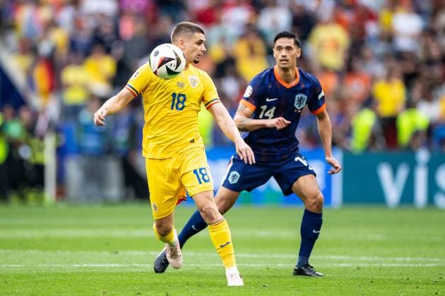 UEFA EURO 2024 Romania Netherlands 02 07 2024 Razvan Marin Romania, 18 , Tijjani Reijnders Netherlands, 14 UEFA EURO 2024 Romania Netherlands Munich Football Arena, Munich 02 07 2024 Copyright: xBEAUTIFULxSPORTS Buriakovx