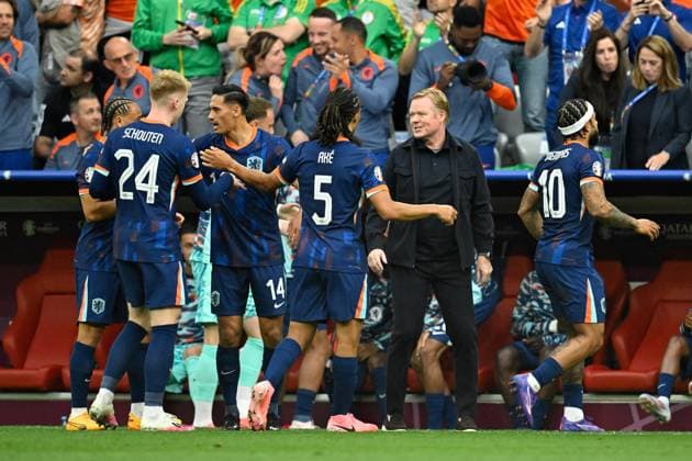 Image shows goal for the Netherlands, Goal celebration Netherlands, 02 07 2024, Munich, Football, European Championship, Romania Netherlands, EVENT REGULATIONS PROHIBIT ANY USE OF PHOTOGRAPHS AS IMAGE SEQUENCES AND OR QUASI VIDEO xklx