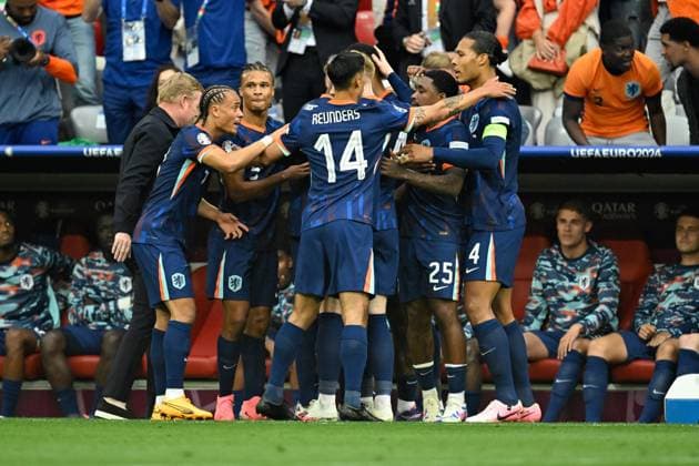 Image shows goal for the Netherlands, Goal celebration Netherlands, 02 07 2024, Munich, Football, European Championship, Romania Netherlands, EVENT REGULATIONS PROHIBIT ANY USE OF PHOTOGRAPHS AS IMAGE SEQUENCES AND OR QUASI VIDEO xklx