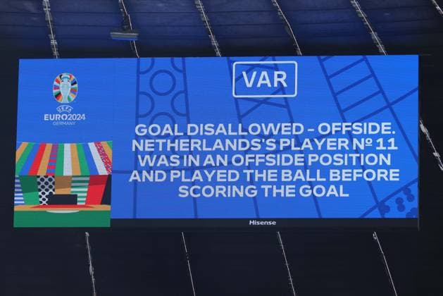 Soccer UEFA EURO 2024 Round of 16 Romania Netherlands on 02 07 2024 at the Munich Football Arena in Munich The scoreboard at the Munich Football Arena displays VAR Video Assist video evidence xMSx