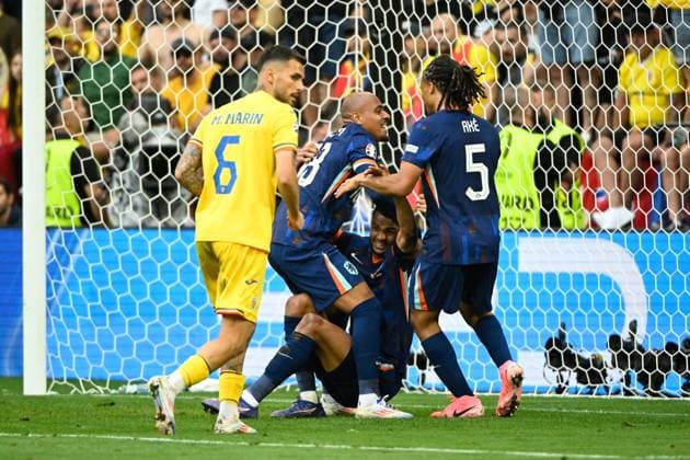 Image shows Goal celebration Netherlands, 02 07 2024, Munich, Football, European Championship, Romania Netherlands, EVENT REGULATIONS PROHIBIT ANY USE OF PHOTOGRAPHS AS IMAGE SEQUENCES AND OR QUASI VIDEO xklx