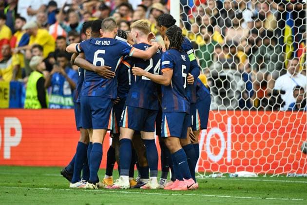 Image shows Goal celebration Netherlands, 02 07 2024, Munich, Football, European Championship, Romania Netherlands, EVENT REGULATIONS PROHIBIT ANY USE OF PHOTOGRAPHS AS IMAGE SEQUENCES AND OR QUASI VIDEO xklx