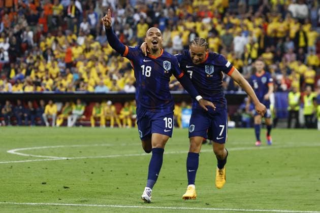 MUNCHEN, 02-07-2024, Stadium Allianz Arena, European Football Championship Euro2024, Round of 16 match no.40 between Romania and Netherlands. Netherlands player Donyell Malen celebrating his goal 0-3 Romania - Netherlands (Euro2024)  x25661987x Copyright: