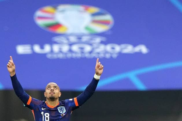 Donyell Malen of the Netherlands .celebrates after scoring 0-2 during the Euro 2024 soccer match between Romania and Netherlands at the Munich Football Arena , Munich , Germany - Tuesday July 2 , 2024. - Soccer .  Copyright: xSpada LaPressex