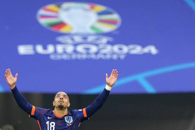 Donyell Malen of the Netherlands .celebrates after scoring 0-2 during the Euro 2024 soccer match between Romania and Netherlands at the Munich Football Arena , Munich , Germany - Tuesday July 2 , 2024. - Soccer .  Copyright: xSpada LaPressex