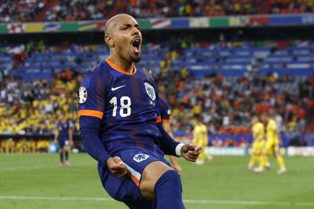 MUNCHEN, 02-07-2024, Stadium Allianz Arena, European Football Championship Euro2024, Round of 16 match no.40 between Romania and Netherlands. Netherlands player Donyell Malen celebrating his goal 0-3 Romania - Netherlands (Euro2024)  x25661995x Copyright: