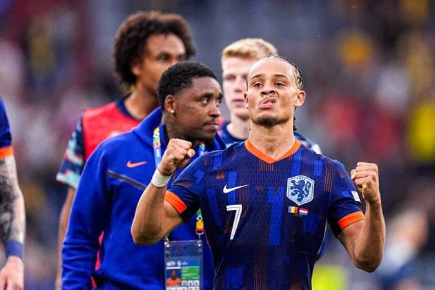 2024-07-02 Romania v Netherlands - Round of 16 - UEFA EURO, EM, Europameisterschaft,Fussball 2024 MUNICH, GERMANY - JULY 2: Xavi Simons of the Netherlands celebrates his sides win during the Round of 16 - UEFA EURO 2024 match between Romania and Netherlands at Munich Football Arena on July 2, 2024 in Munich, Germany. (Photo by Joris Verwijst BSR Agency) Munich Germany Content not available for redistribution in The Netherlands directly or indirectly through any third parties. Copyright: xBSRxAgencyx