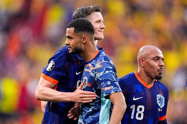 2024-07-02 Romania v Netherlands - Round of 16 - UEFA EURO, EM, Europameisterschaft,Fussball 2024 MUNICH, GERMANY - JULY 2: Wout Weghorst of The Netherlands, Cody Gakpo of The Netherlands celebrates his sides win during the Round of 16 - UEFA EURO 2024 match between Romania and Netherlands at Munich Football Arena on July 2, 2024 in Munich, Germany. (Photo by Joris Verwijst BSR Agency) Munich Germany Content not available for redistribution in The Netherlands directly or indirectly through any third parties. Copyright: xBSRxAgencyx