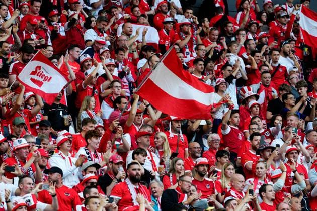 Austria fans in the stands Austria v Turkiye, UEFA European Championship, EM, Europameisterschaft 2024, Round of 16, Football, Leipzig Stadium, Leipzig, Germany - 02 Jul 2024 EDITORIAL USE ONLY No use with unauthorised audio, video, data, fixture lists, club league logos or live services. Online in-match use limited to 120 images, no video emulation. No use in betting, games or single club league player publications. Copyright: xDavexShopland Shutterstockx 14566651d