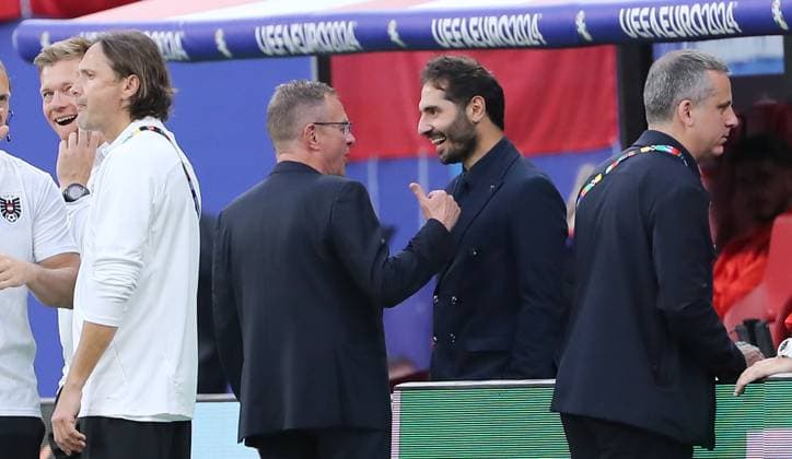 Coach Ralf Rangnick talks to Hamit Altintop before the match Sport Football Soccer European Championship Euro 2024 European Championship Men Season 2023 2024 02 07 2024 Austria AUT vs Turkey TUR in Leipzig DFL regulations prohibit any use of photographs as image sequences and or quasi video