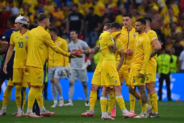 Player Romania after the end of the match, disappointment,frustration,disappointed,frustrated,dejected, round of 16 Romania ROU Netherlands NED 0 3 on 02 07 2024, Football Arena Munich Football UEFA EURO 2024 GERMANY from 14 06 2024 14 07 2024 Â