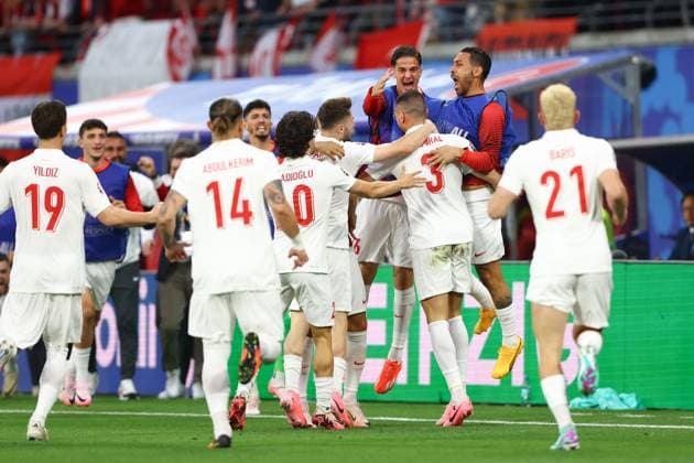 Merih Demiral of Türkiye celebrates their goal to make it 1-0 Austria v Turkiye, UEFA European Championship, EM, Europameisterschaft 2024, Round of 16, Football, Leipzig Stadium, Leipzig, Germany - 02 Jul 2024 EDITORIAL USE ONLY No use with unauthorised audio, video, data, fixture lists, club league logos or live services. Online in-match use limited to 120 images, no video emulation. No use in betting, games or single club league player publications. Copyright: xKieranxMcManus Shutterstockx 14566650x