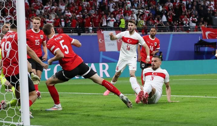 Merih Demiral scores the goal to make it 0 1 Sport Football Soccer European Championship Euro 2024 European Championship Men Season 2023 2024 02 07 2024 Austria AUT vs Turkey TUR in Leipzig DFL regulations prohibit any use of photographs as image sequences and or quasi video