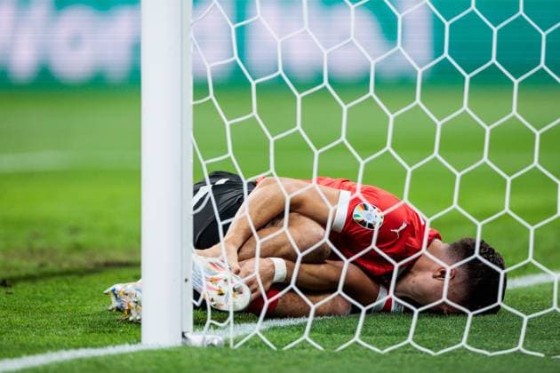 UEFA EURO 2024 Austria Turkey 02 07 2024 Christoph Baumgartner Austria, 19 remains in goal with a knock UEFA EURO 2024 Austria Turkey Leipzig Stadium, Leipzig on 02 07 2024 Copyright: xBEAUTIFULxSPORTS Wunderlx
