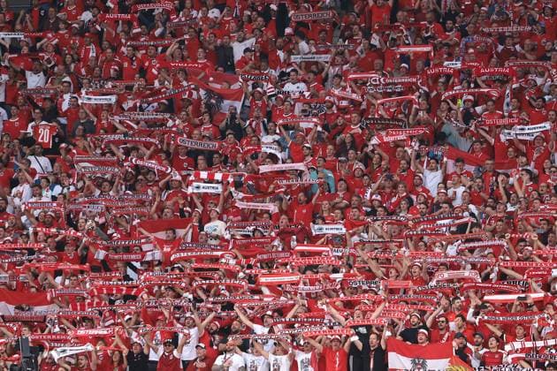 Leipzig, Germany, 2nd July 2024. Austria fans during the UEFA European Championships Round of 16 match at Leipzig Stadium, Leipzig. Picture credit should read: Jonathan Moscrop Sportimage EDITORIAL USE ONLY. No use with unauthorised audio, video, data, fixture lists, club league logos or live services. Online in-match use limited to 120 images, no video emulation. No use in betting, games or single club league player publications. SPI-3211-0002