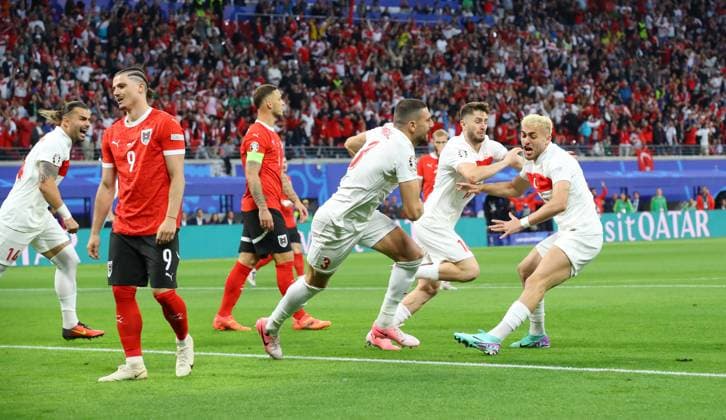 Austria Turkey UEFA EURO 2024 Leipzig, 02 07 2024, Leipzig Stadium, UEFA EURO 2024 Germany , Round of 16, Austria AUT vs Turkey TUR , Goal for Turkey 0 1 In the picture scorer Merih Demiral 4, TUR , Ismail Yüksek Yueksek 16, TUR and Kaan Ayhan 22, TUR , Goal celebration Li Marcel Sabitzer 9, AUT disappointed , Picture Point