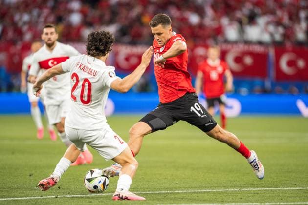 SOCCER - UEFA EURO, EM, Europameisterschaft,Fussball 2024 LEIPZIG,GERMANY,02.JUL.24 - SOCCER -UEFA EURO 2024, round of 16, Austria vs Turkey. Image shows Ferdi Katioglu (TUR) and Christoph Baumgartner (AUT).  GEPAxpictures xJohannesxFriedl