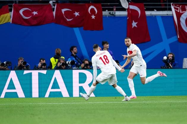 Merih Demiral Turkey, 03 , Mert Muelduer Turkey, 18 celebrating the goal for 0 1, GER, Austria AUT vs Tuerkiye TUR , European Football Championship, UEFA EURO 2024, Round of 16, 02 07 2024 GER, Austria AUT vs Tuerkiye TUR , European Football Championship, UEFA EURO 2024, Round of 16, 02 07 2024 Leipzig Copyright: xEibner-Pressefoto Memmlerx EP_MMR