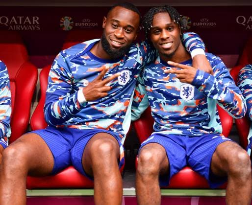 Lutsharel Geertruida 2 Netherlands and Jeremie Frimpong 12 Netherlands before the Round of 16 match of the European Championship Romania Netherlands on 02 07 2024 in Munich Munich Football Arena Bayern Germany
