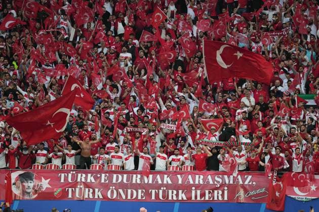 Turkiye s supporters during UEFA EURO, EM, Europameisterschaft,Fussball 2024 football match between Turkiye and Austria at Red Bull Arena in Leipzig, Germany, on 2 July, 2024. (Photo: Copyright: MehmetxSirinxToplaoglu DepoxPhot 18370435