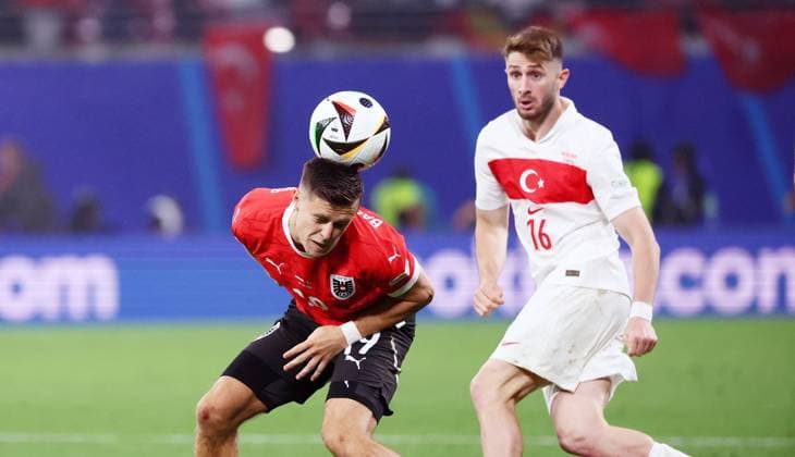 Austria Turkey UEFA EURO 2024 Leipzig, 02 07 2024, Leipzig Stadium, Football, UEFA EURO 2024 Germany , Round of 16 , Austria AUT vs Turkey TUR , Pictured from left Christoph Baumgartner 19, AUT , Ismail Yüksek Yueksek 16, TUR , For journalistic purposes only Only for editorial use , UEFA Êregulations prohibit any use of photographs as image sequences and or quasi video ,